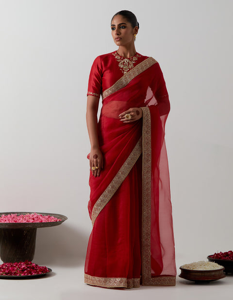 Shop Red Katan Organza Silk Saree Set | Vinusto
