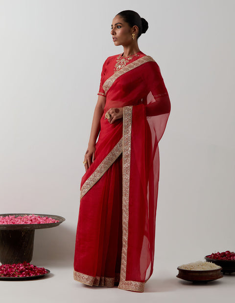 Buy Red Katan Organza Silk Saree Set | Vinusto