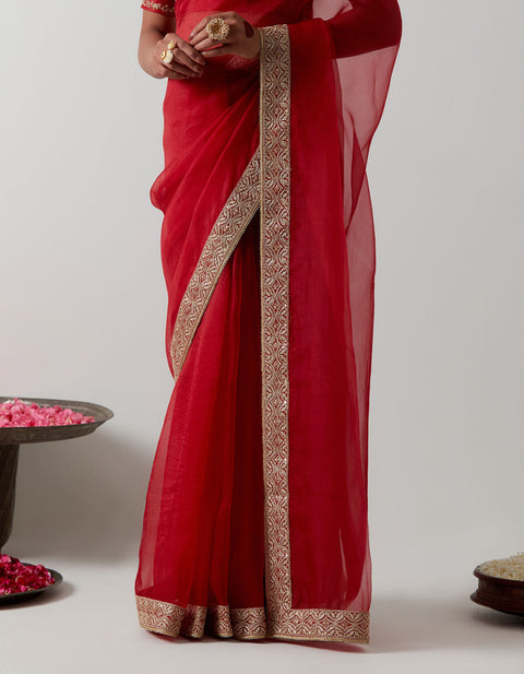 Order Red Katan Organza Silk Saree Set | Vinusto