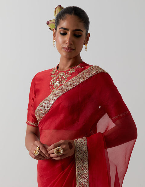 Luxury Red Katan Organza Silk Saree Set | Vinusto