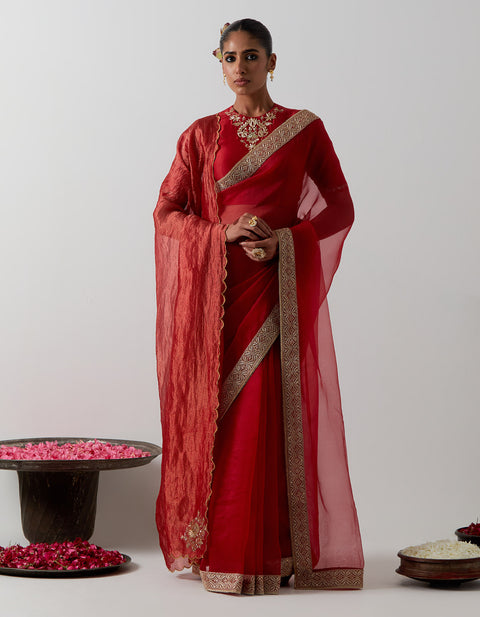 Premium Red Katan Organza Silk Saree Set | Vinusto