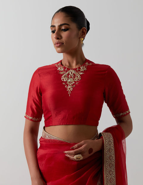 100% Authentic Red Katan Organza Silk Saree Set | Vinusto