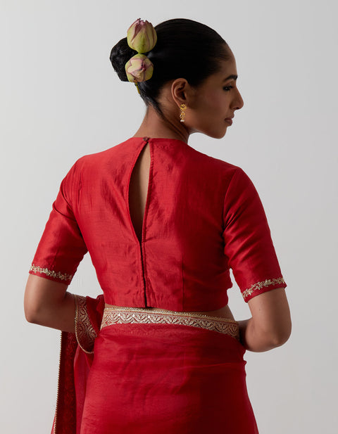 Handcraft Red Katan Organza Silk Saree Set | Vinusto