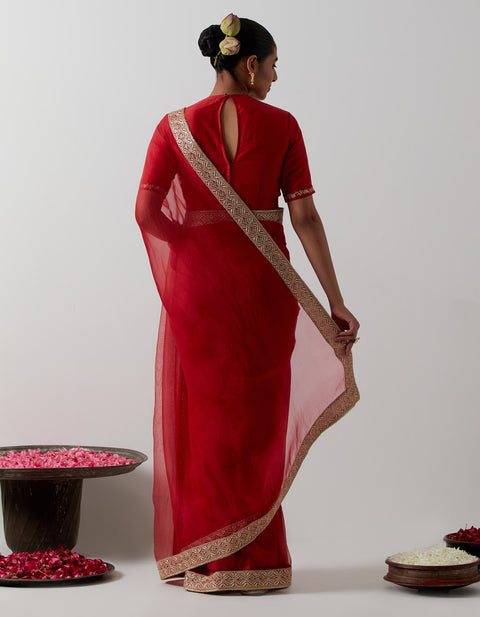 Purchase Red Katan Organza Silk Saree Set | Vinusto