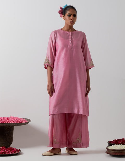 Shop Pink Chanderi Embroidered Kurta with Wrap-Around Pants (Set of 3) – Vinusto