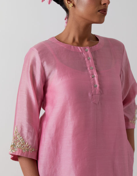 Handcraft Pink Chanderi Embroidered Kurta with Wrap-Around Pants (Set of 3) – Vinusto