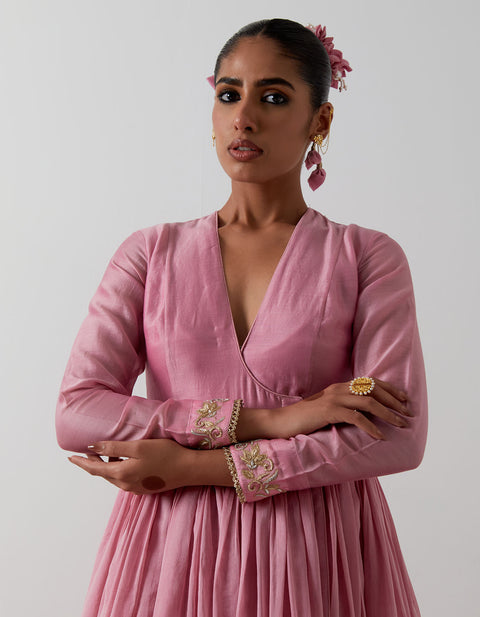 Premium Light Pink Chanderi Wrap Anarkali Set with Embroidered Katan Dupatta – Vinusto