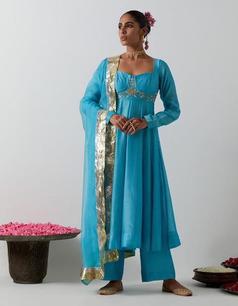 Shop Sky Blue Chanderi Corset Anarkali with Zardozi Dupatta – Vinusto