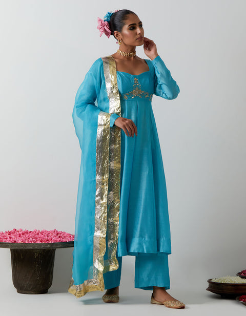 Luxury Sky Blue Chanderi Corset Anarkali with Zardozi Dupatta – Vinusto
