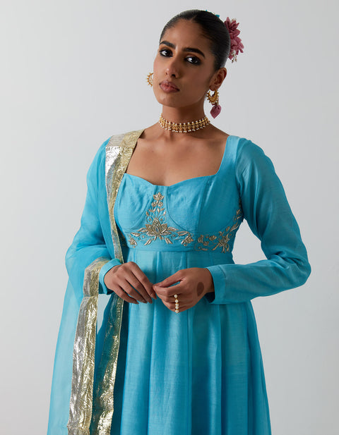 Order Sky Blue Chanderi Corset Anarkali with Zardozi Dupatta – Vinusto
