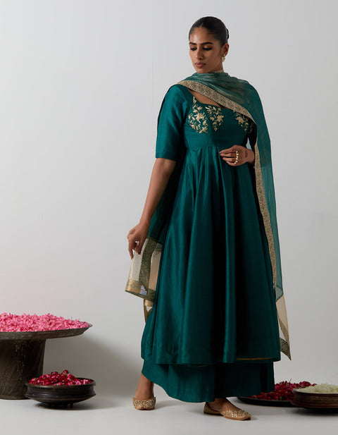 Shop Deep Green Embroidered Corset Anarkali Set | Vinusto
