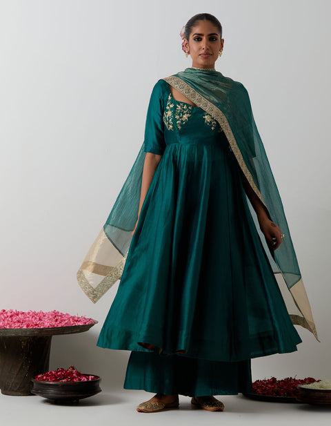 Buy Deep Green Embroidered Corset Anarkali Set | Vinusto