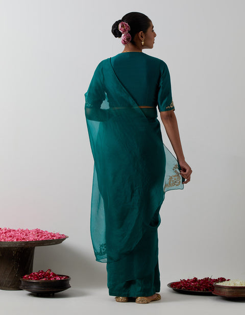 Handcraft Emerald Green Embroidered Ready-to-Wear Saree | Vinusto