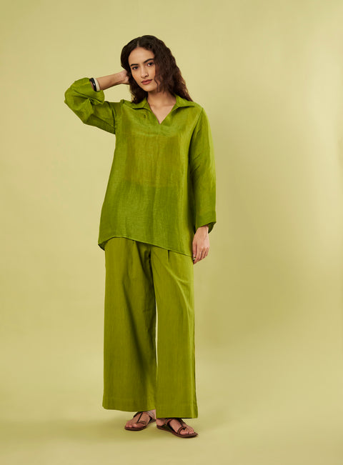 Olive Green Linen Shirt with Bell Sleeves & Khadi Cotton Pants (Set of 2)
