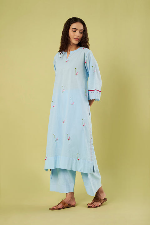 Relaxed Fit Cotton Kurta with Embroidered Bootis, Chiffon Dupatta & Cotton Pants (Set of 3)