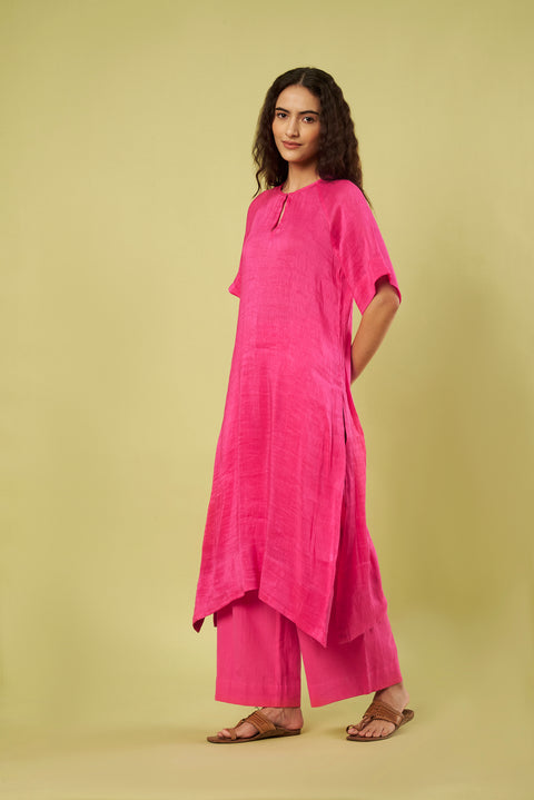 Elegant Pink Linen Silk Kurta with Handwoven Khadi Cotton Pants (Set of 2)
