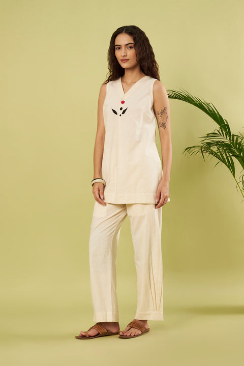 Ivory Khadi Cotton Co-Ord Set with Patch Embroidery & Pants ( Set of 2)