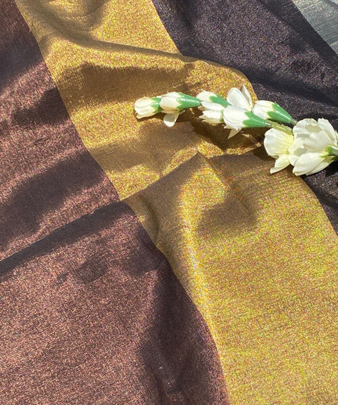 Handwoven Zari Stripe Fabric in Silver, Gold & Coffee Stripes (Handloom)