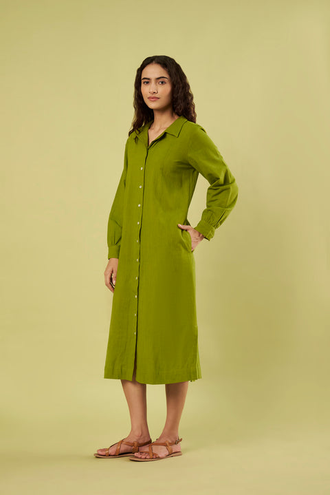 Khadi Cotton Button-Down Shirt Dress with Side Slits