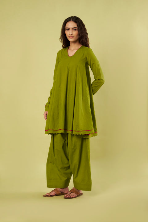 Olive Green A-Line Tunic  with Farshi Salwar (Set of 2)