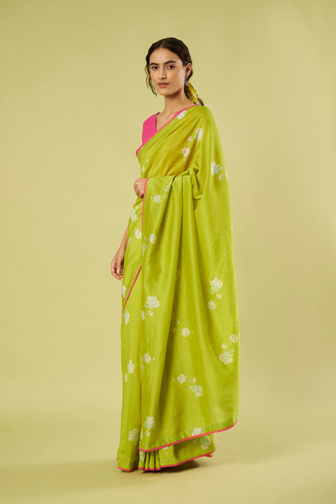 Lime Chanderi Printed Saree with Crochet Floral Tassels and Pink Stylize Blouse in Cotton Khadi (Set of 2)