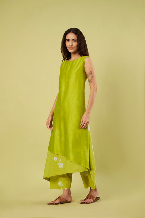 Printed Cotton & Chanderi Asymmetric A-Line Kurta with Farshi Salwar (Set of 2)
