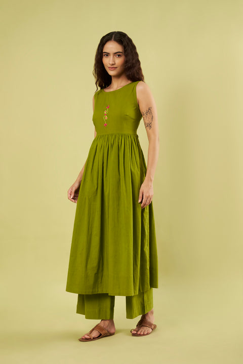 Contemporary Olive Green Co-Ord Set with High Slit Kurta & Cotton Pants (Set of 2)