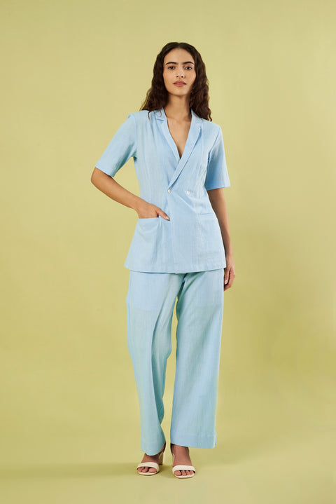 Co-ord set with Light Blue Khadi Jacket Style Shirt and Pants (Set of 2)
