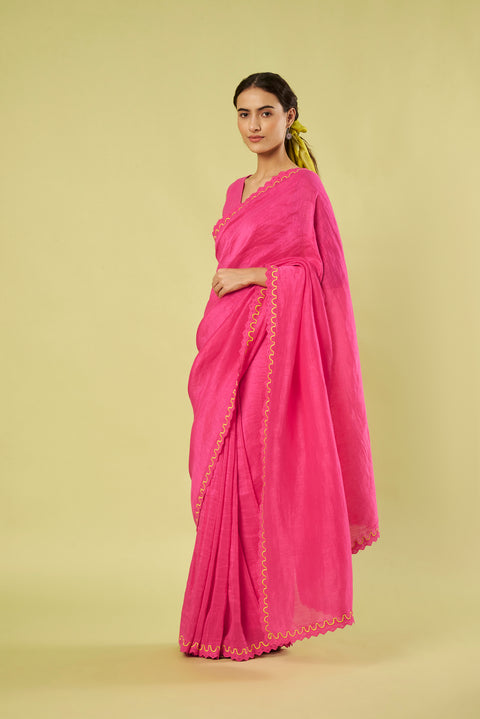 Pink Linen Saree with Embroidered Patch Lace, Scalloped Border & Khadi Cotton Blouse (Set of 2)