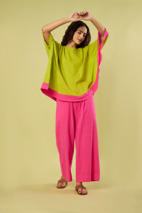 Lime Green Asymmetric Tunic Co-Ord Set with Lace Detail & Handwoven Khadi Pants (Set of 2)