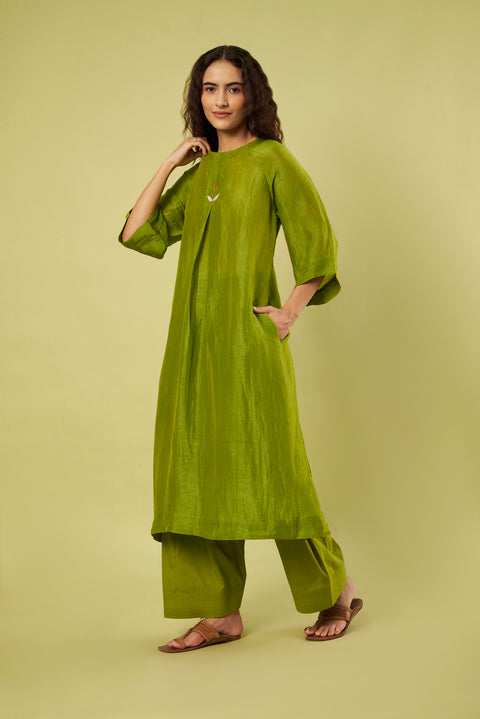 Olive Green Breathable Linen A-Line Kurta with Front Back Pleats & Green Salwar (Set of 2)