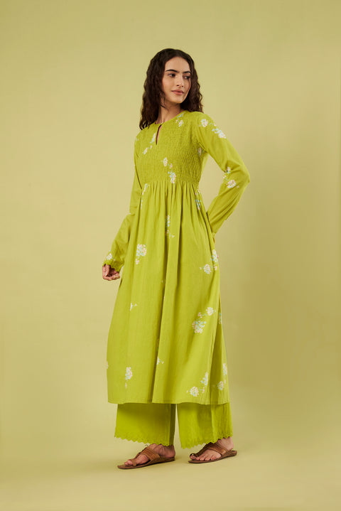 Lime Printed Kurta Set with Smocked Bodice & Airy Chiffon Dupatta (Set of 3)
