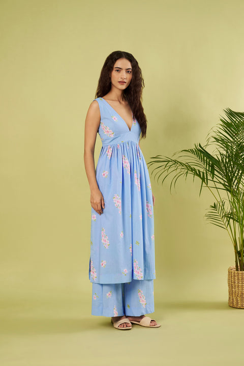 V-Neck Printed Cotton Kurta with Palazzo (Set of 2)