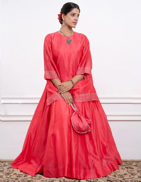 Pink Skirt with Short Kurta in Chanderi Handloom (Set of 2)