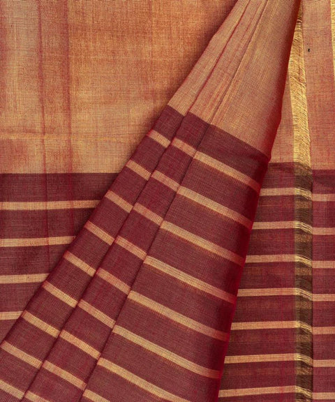 Half & Half Zari Stripe Fabric in Maroon & Gold (Handloom)