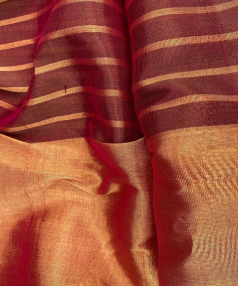 Half & Half Zari Stripe Fabric in Maroon & Gold (Handloom)