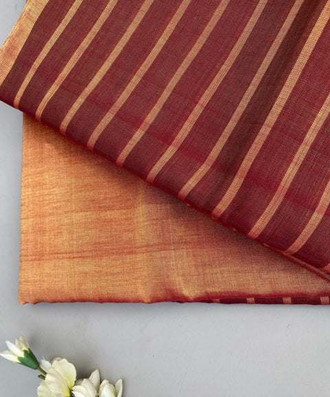 Half & Half Zari Stripe Fabric in Maroon & Gold (Handloom)