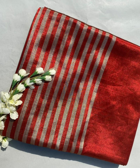 Half & Half Zari Fabric in Silver & Red (Handloom)