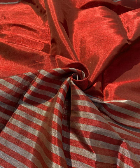 Half & Half Zari Fabric in Silver & Red (Handloom)