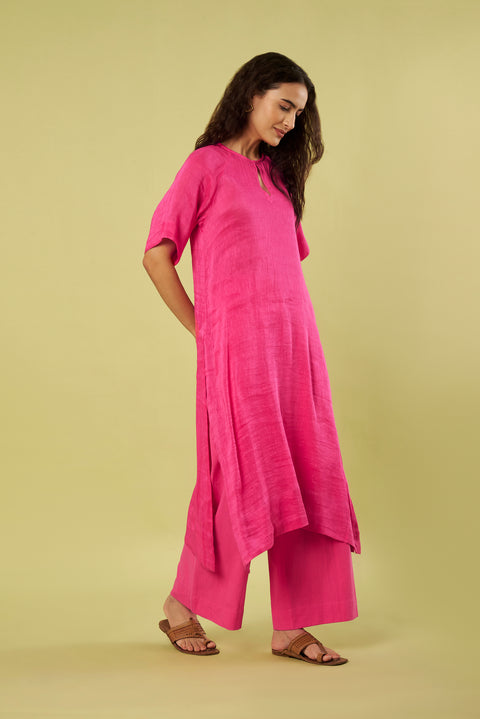 Elegant Pink Linen Silk Kurta with Handwoven Khadi Cotton Pants (Set of 2)