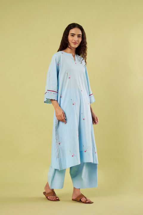Relaxed Fit Cotton Kurta with Embroidered Bootis, Chiffon Dupatta & Cotton Pants (Set of 3)