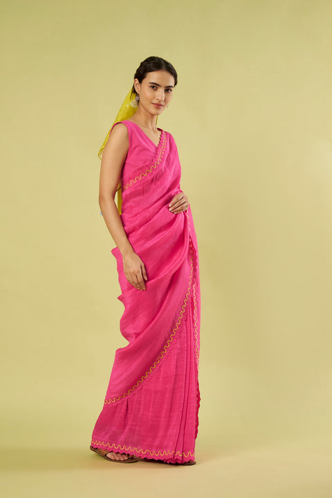 Pink Linen Saree with Embroidered Patch Lace, Scalloped Border & Khadi Cotton Blouse (Set of 2)