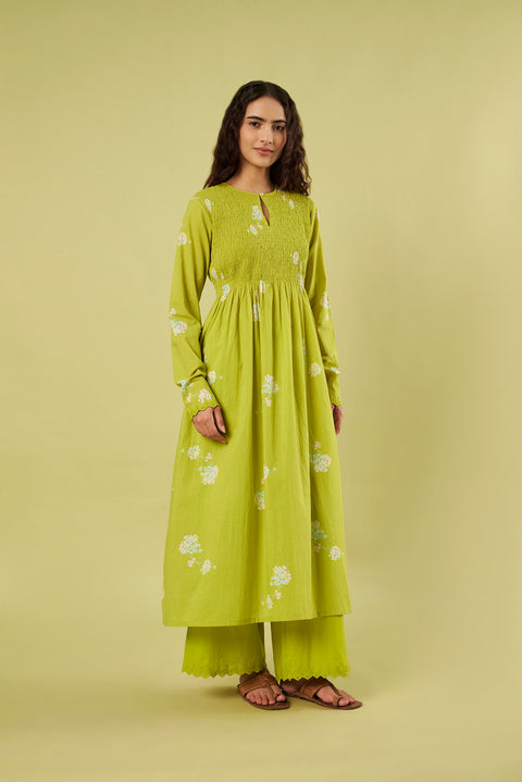 Lime Printed Kurta Set with Smocked Bodice & Airy Chiffon Dupatta (Set of 3)