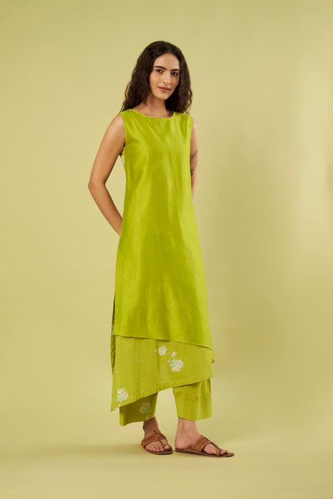 Printed Cotton & Chanderi Asymmetric A-Line Kurta with Farshi Salwar (Set of 2)