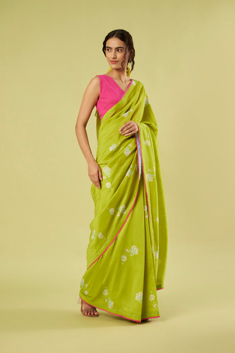 Lime Chanderi Printed Saree with Crochet Floral Tassels and Pink Stylize Blouse in Cotton Khadi (Set of 2)