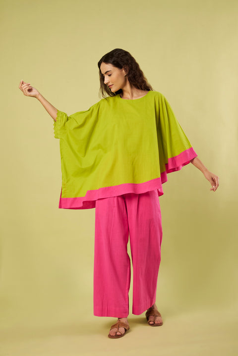 Lime Green Asymmetric Tunic Co-Ord Set with Lace Detail & Handwoven Khadi Pants (Set of 2)