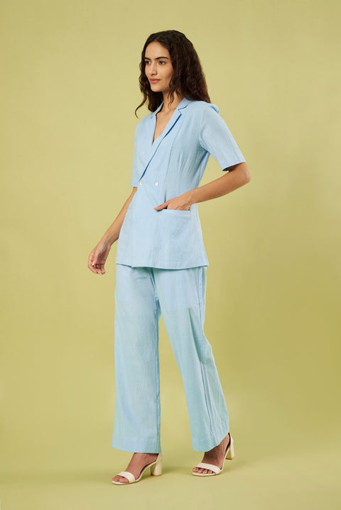 Co-ord set with Light Blue Khadi Jacket Style Shirt and Pants (Set of 2)