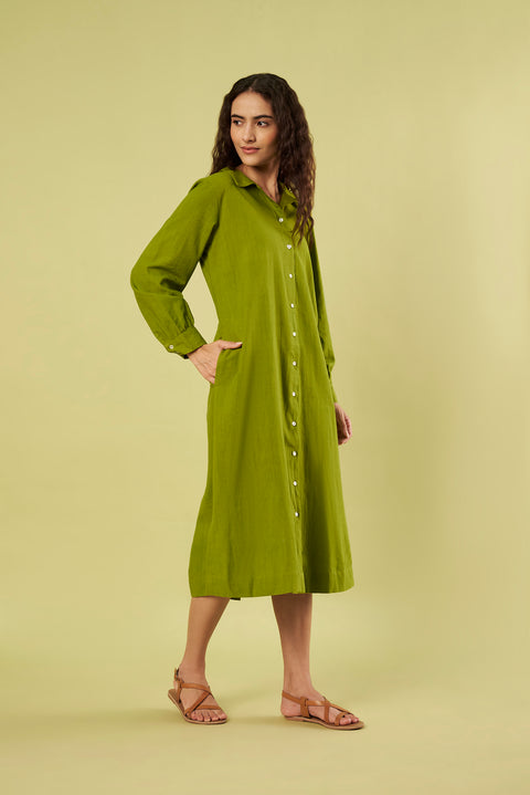 Khadi Cotton Button-Down Shirt Dress with Side Slits