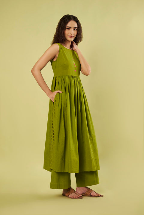 Contemporary Olive Green Co-Ord Set with High Slit Kurta & Cotton Pants (Set of 2)