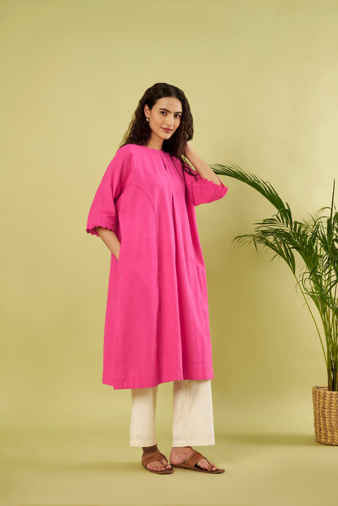 Sustainable Pink Khadi Cotton Kurta with Kora Pants (Set of 2)